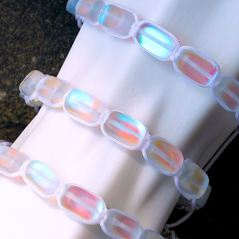 Rainbow White | Silver | Mermaid Glass Pebble Macrame Bracelet