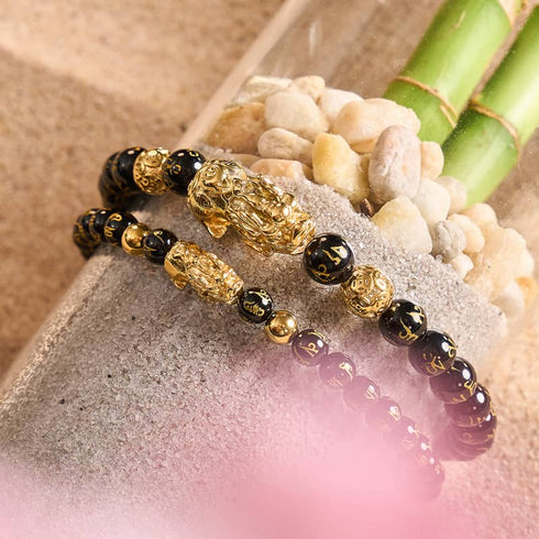 Mini Pixiu Feng Shui Bracelet | CARBON Element | Black Agate x 18k Gold