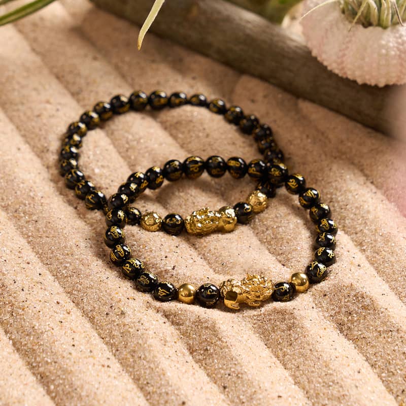 Mini Pixiu Feng Shui Bracelet | CARBON Element | Black Agate x 18k Gold