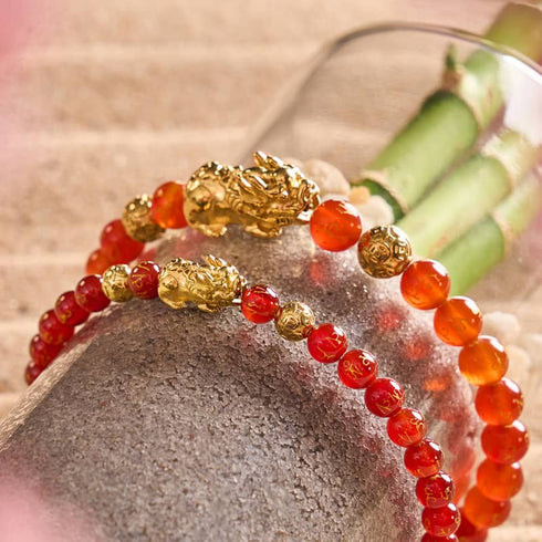 Mini Pixiu Feng Shui Bracelet | FIRE Element | Red Agate x 18k Gold