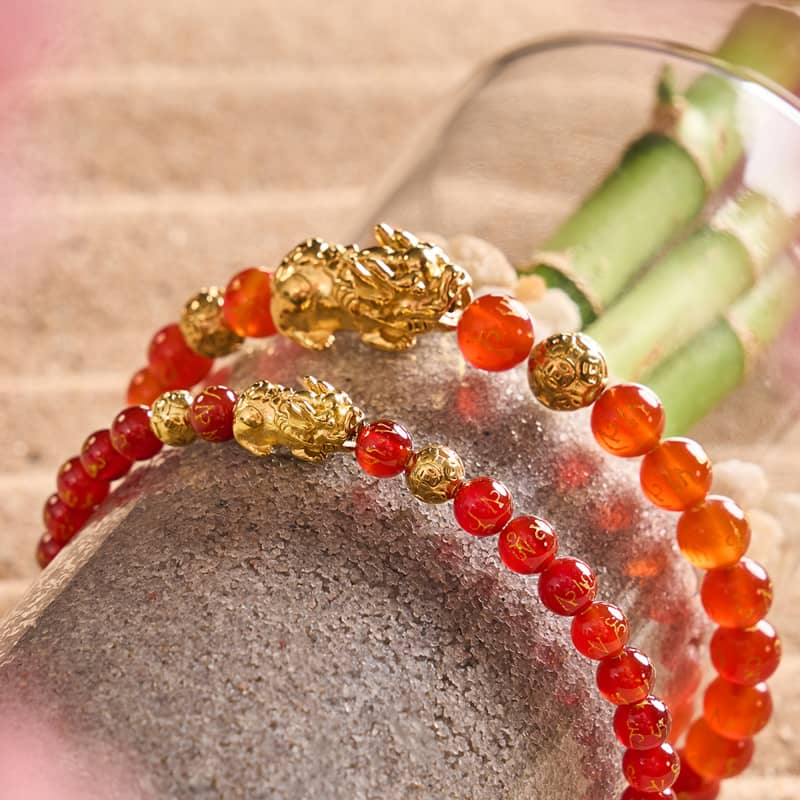 Mini Pixiu Feng Shui Bracelet | FIRE Element | Red Agate x 18k Gold