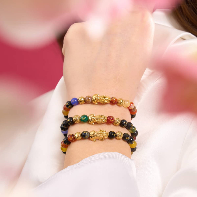 Mini Pixiu Feng Shui Bracelet | FIVE Elements | Chakra Agate x 18k Gold