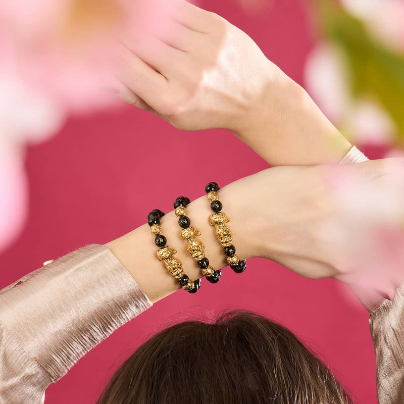 Pixiu Feng Shui Bracelet | CARBON Element | Black Agate x 18k Gold