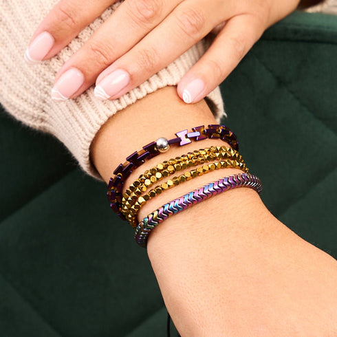 Mini Sacred Geom | Gold Hematite x Gunmetal | Triple Strand Bracelet