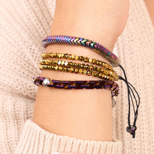 Mini Sacred Geom | Gold Hematite x Gunmetal | Triple Strand Bracelet