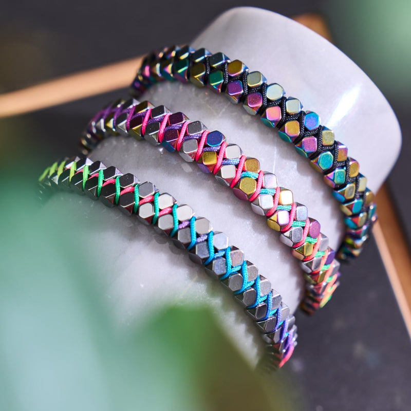 Sacred Geom | Silver Hematite | Gunmetal x Spectrum | Octahedron Bracelet