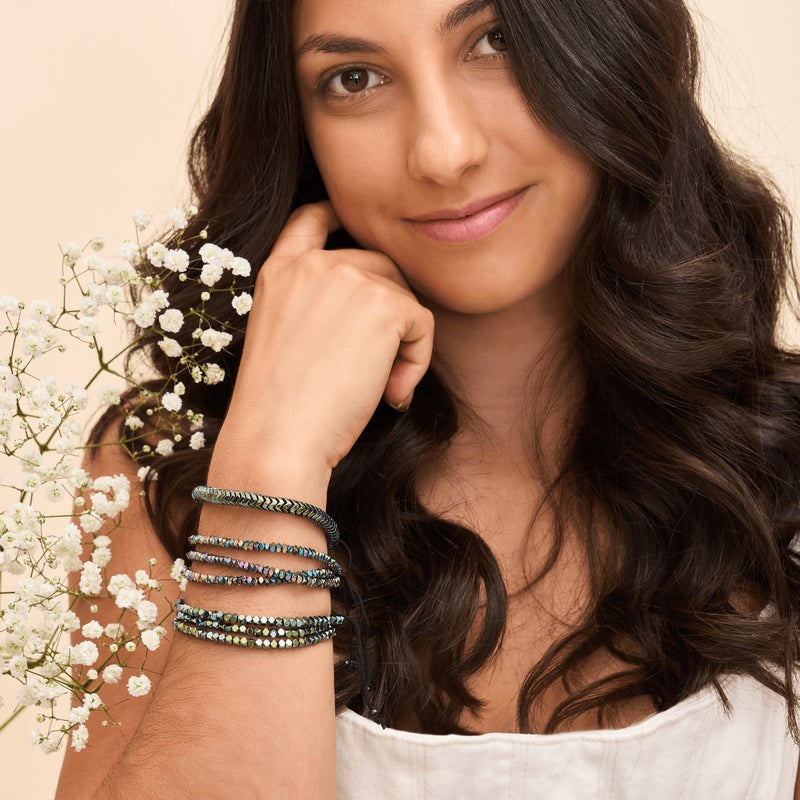 Serpentine | Emerald Hematite x Silver | Double Wave Bracelet