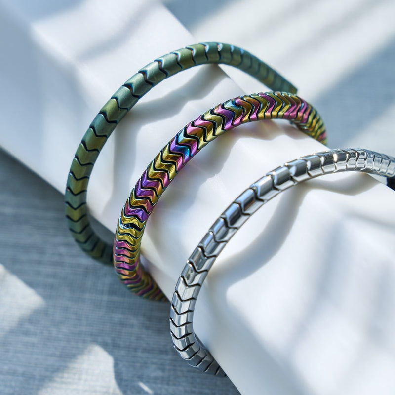 Serpentine | Rainbow Hematite x Unicorn Silver | Double Wave Bracelet