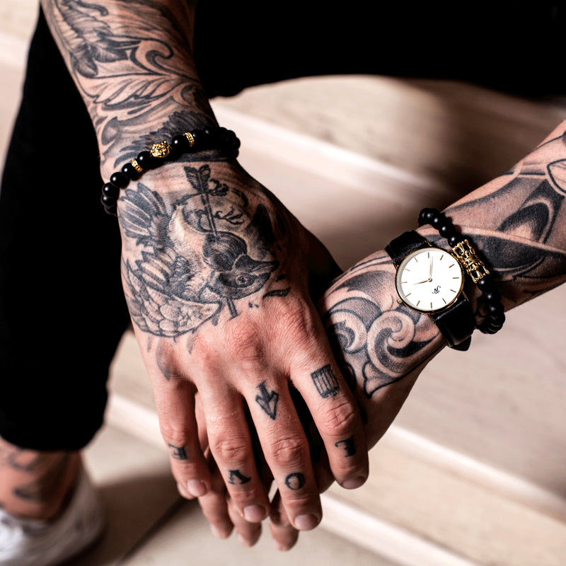 18k Gold Crown | Matte Black Agate | Kingdom Bead Bracelet | Men's