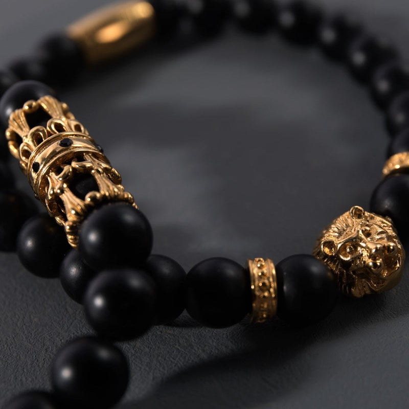 18k Gold Crown | Matte Black Agate | Kingdom Bead Bracelet | Men's