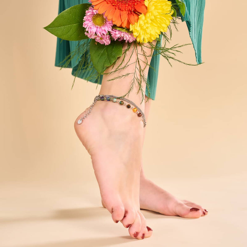 Rainbow Chakra | 7 Gemstone Chain Anklet | Silver