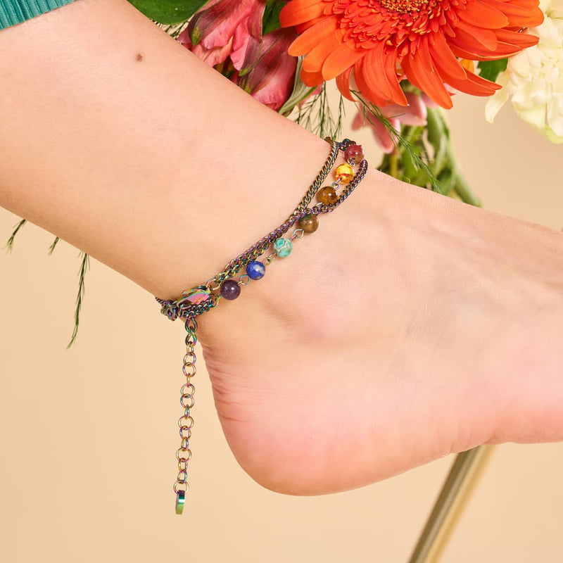 Rainbow Chakra | 7 Gemstone Chain Anklet | Unicorn Silver