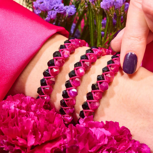 Magenta Quartz & Black Agate | Rose Gold | Double Geom Bracelet