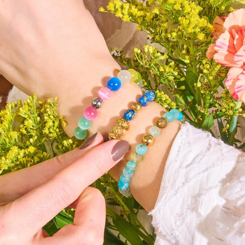 Mini Pixiu Feng Shui Bracelet | WATER Element | Blue Agate x 18k Gold