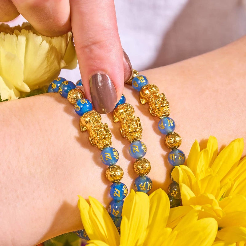 Mini Pixiu Feng Shui Bracelet | WATER Element | Blue Agate x 18k Gold