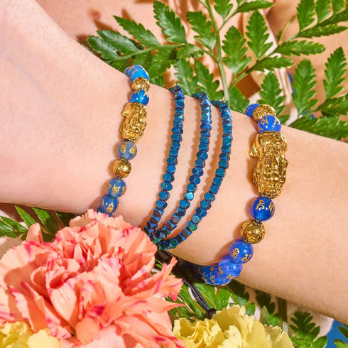 Mini Pixiu Feng Shui Bracelet | WATER Element | Blue Agate x 18k Gold