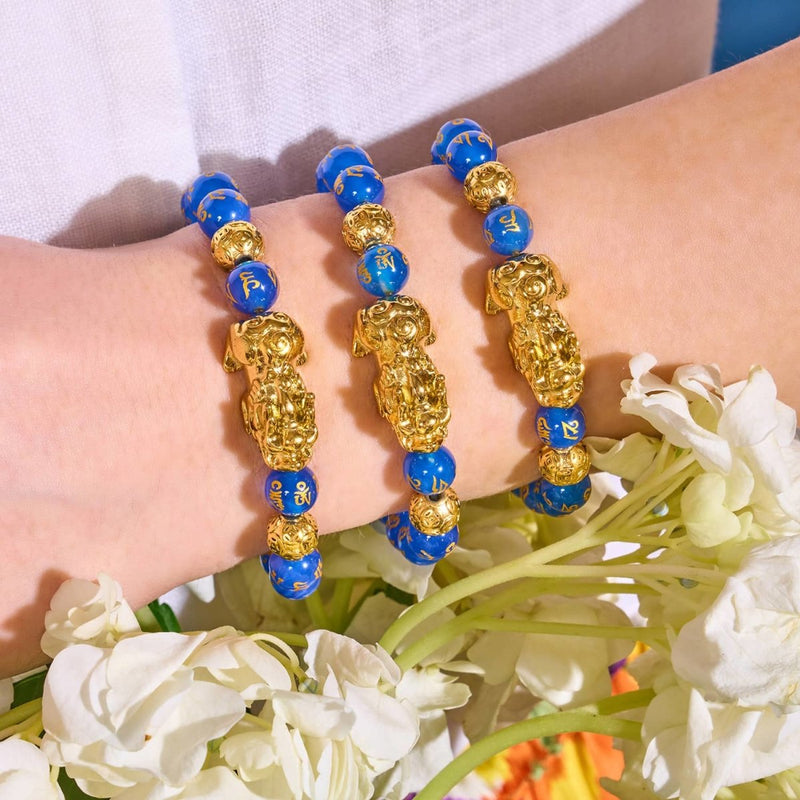 Pixiu Feng Shui Bracelet | WATER Element | Blue Agate x 18k Gold