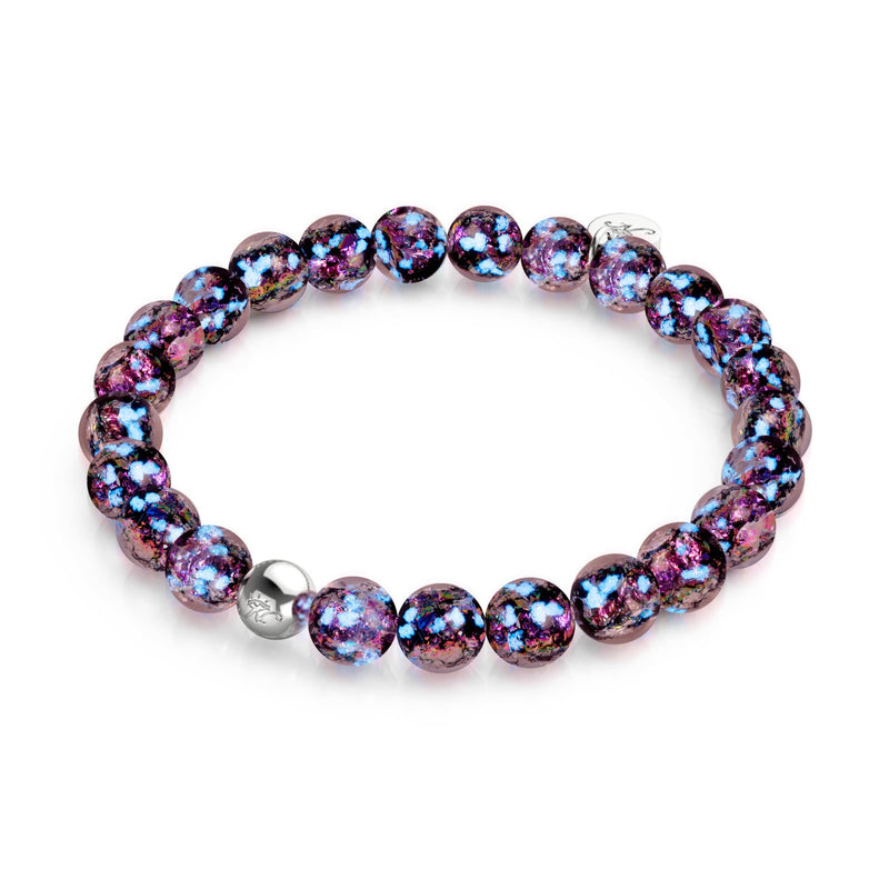 Violet Potion Firework Glass Neon Bracelet with round purple beads flecked in bright blue, pink and silver tones.
