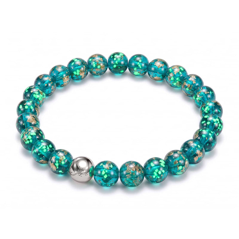 Teal Firefly Glass beaded bracelet with glowing green flecks, gold accents, and a .925 sterling silver clasp.