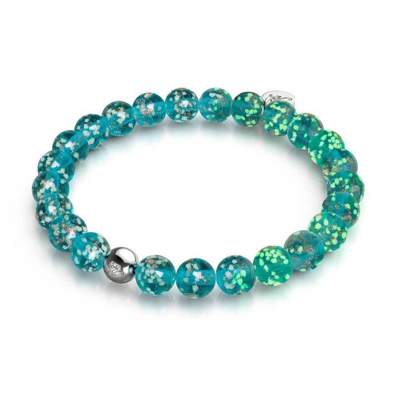 Teal Firefly Glass Bracelet with .925 sterling silver bead and stretch cord featuring glowing handcrafted beads by NOGU