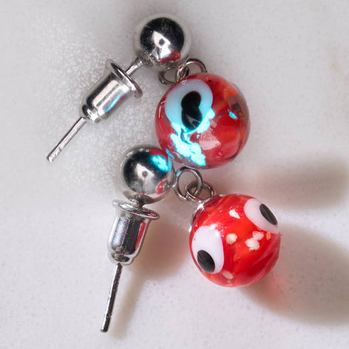 Red | .925 Sterling Silver | Firefly Glass Evil Eye Drop Stud Earrings