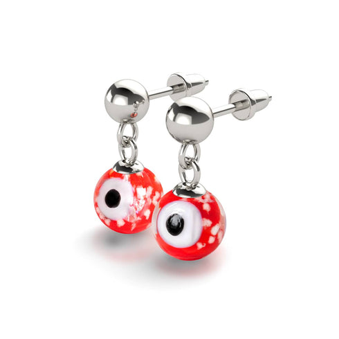 Red | .925 Sterling Silver | Firefly Glass Evil Eye Drop Stud Earrings