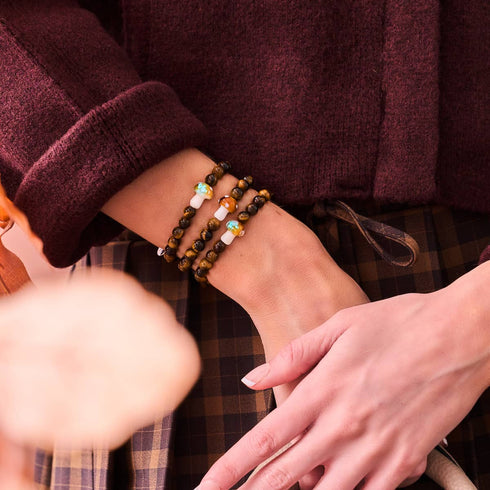 Tigers Eye | .925 Sterling Silver | Firefly Glass Mushroom Gemstone Bracelet