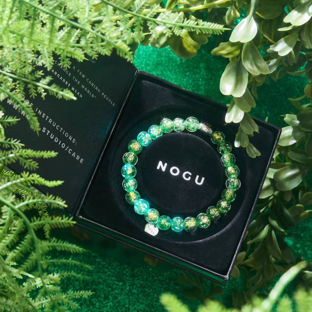 Verdant Burst Firework Glass bracelet with .925 sterling silver charm displayed in a black NOGU box surrounded by green foliage