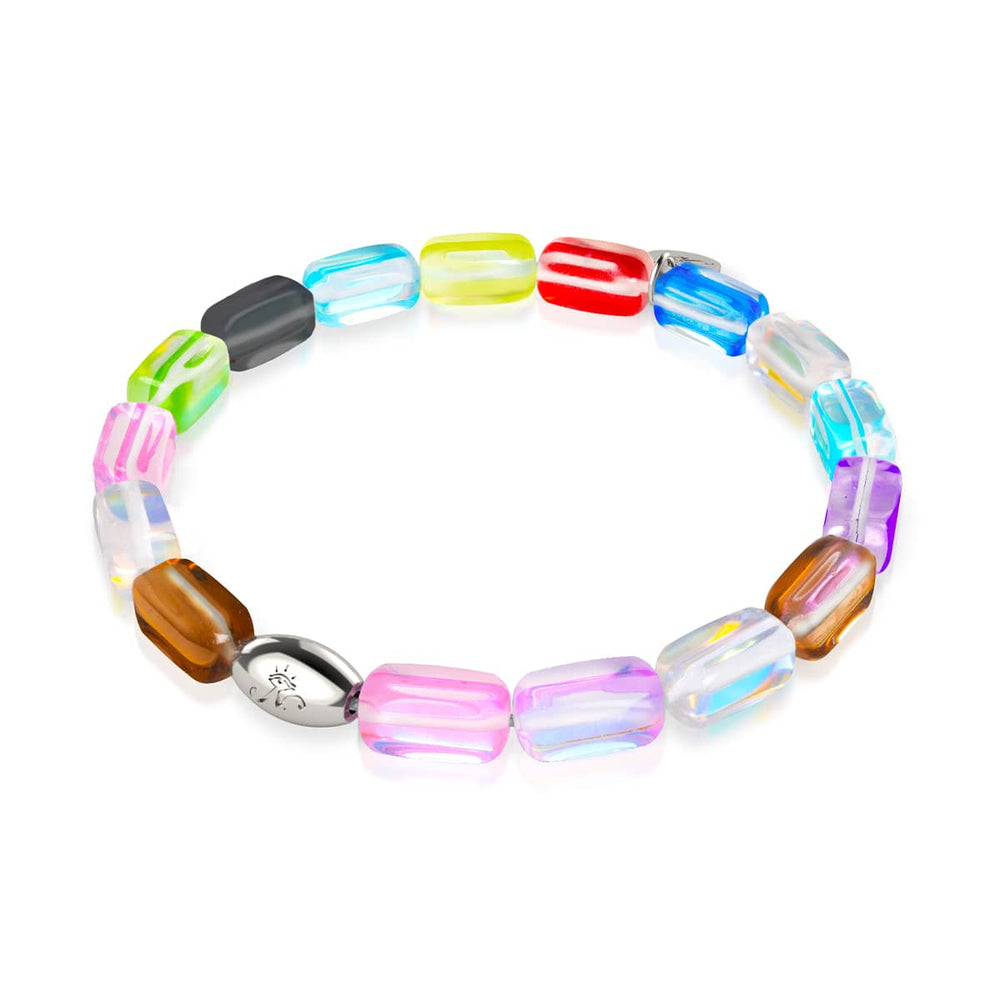 Cosmic Cascade bracelet with multicolor Galaxy Glass pebbles and sterling silver bead by NOGU