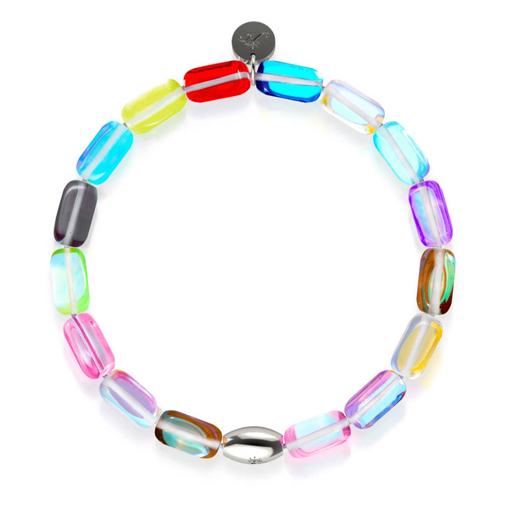 Cosmic Cascade bracelet with iridescent multicolor Galaxy Glass beads and sterling silver centerpiece by NOGU