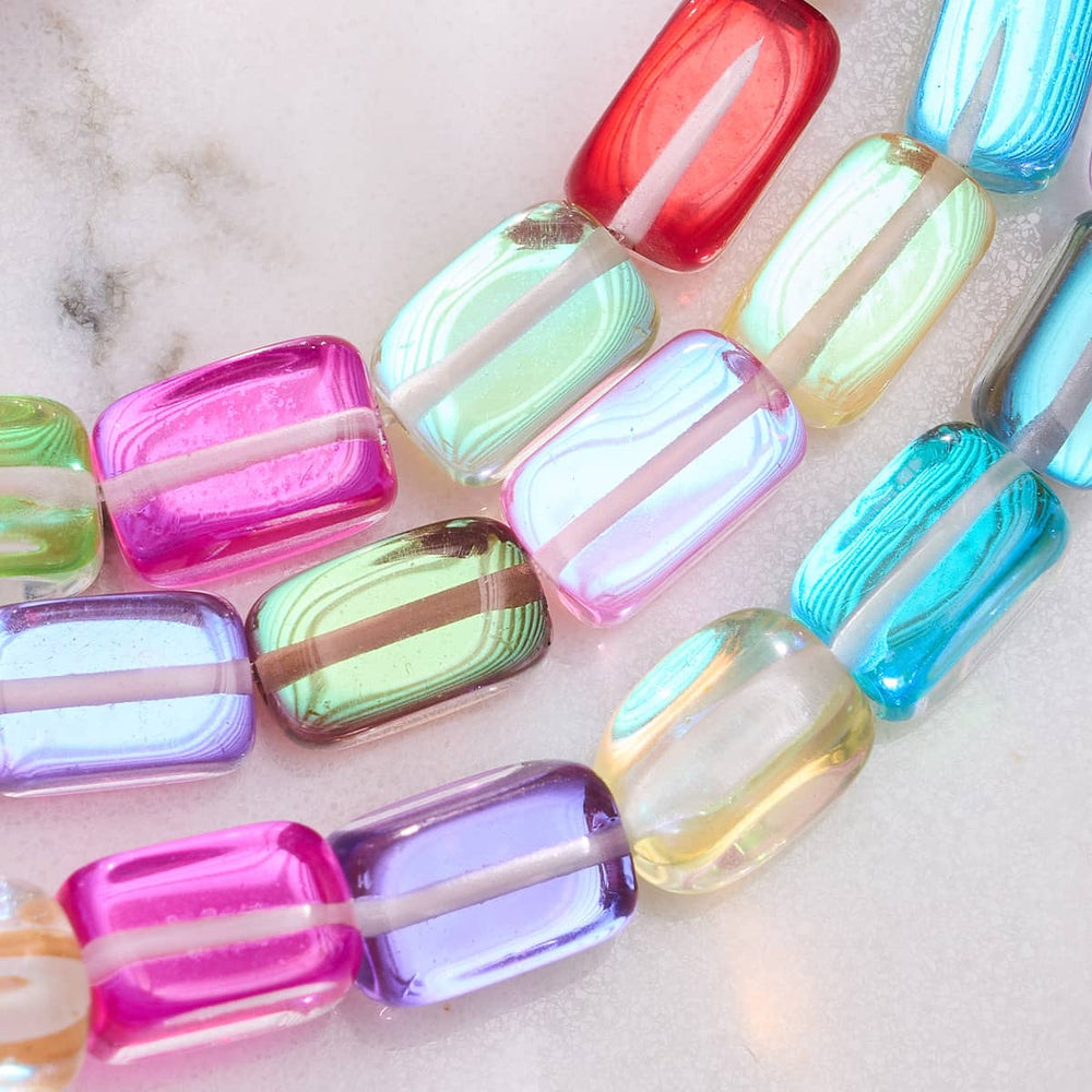Cosmic Cascade Galaxy Glass rectangular beads with color-shifting iridescence used in bracelets by NOGU