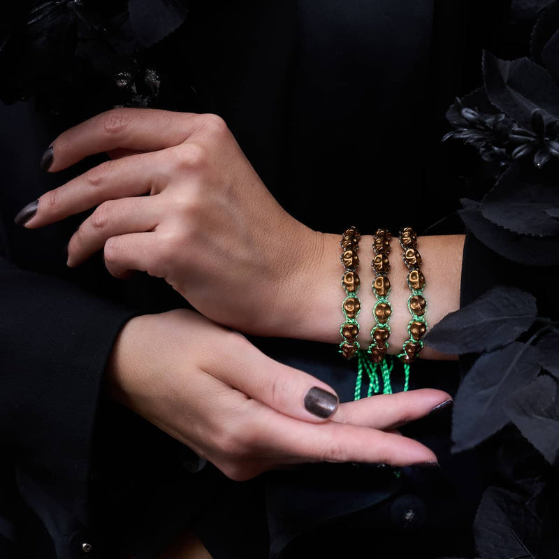 Bronze Bewitchment | Bronze Skulls x Black GloWeave | Macrame Bracelet
