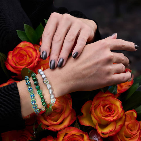 Ethereal Gloom | .925 Sterling Silver | Opal Silver Freshwater Pearl x Firefly Glass Skull Bracelet