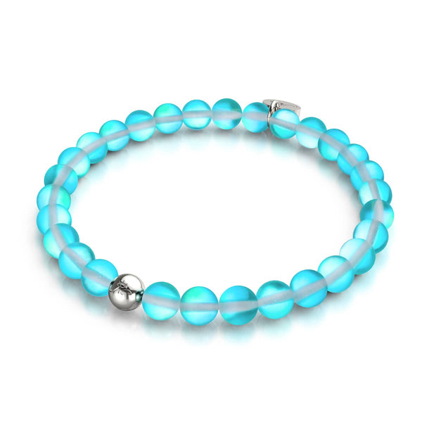 Aquamarine Silver Mermaid Glass bead bracelet with 6mm iridescent beads on clear elastic cord by NOGU