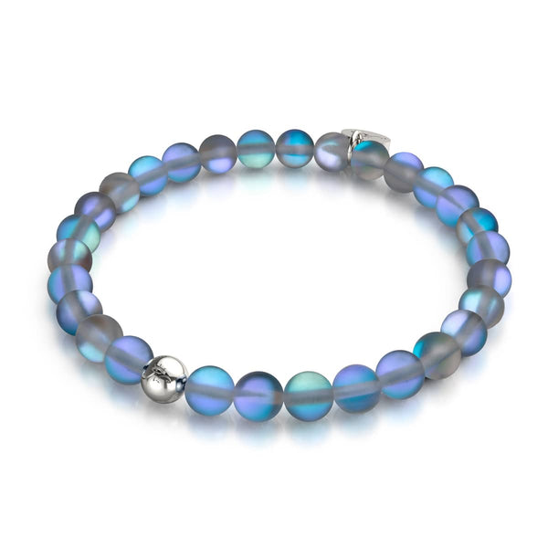 Grey silver Mermaid Glass Bead Bracelet with 6mm iridescent beads on clear elastic cord and stainless steel base by NOGU