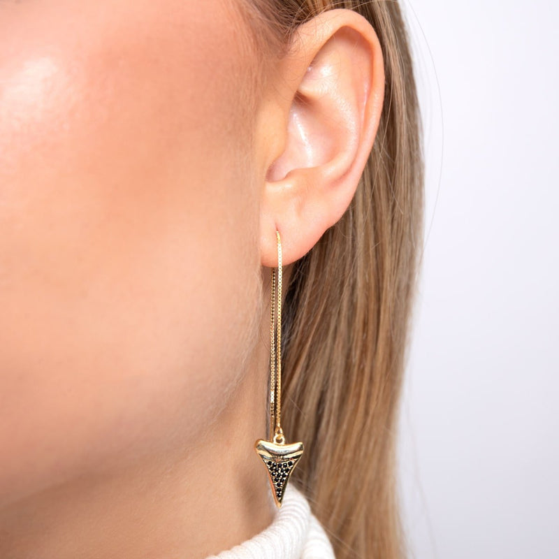 Shark Tooth Chain Drop Threader Earrings by Lauren Howe | .925 Sterling Gold Vermeil | Black Crystal