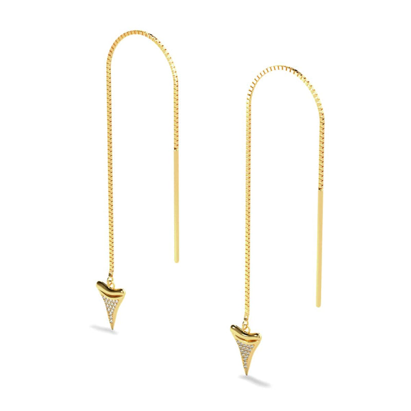 Shark Tooth Chain Drop Threader Earrings by Lauren Howe | .925 Sterling Gold Vermeil | Crystal