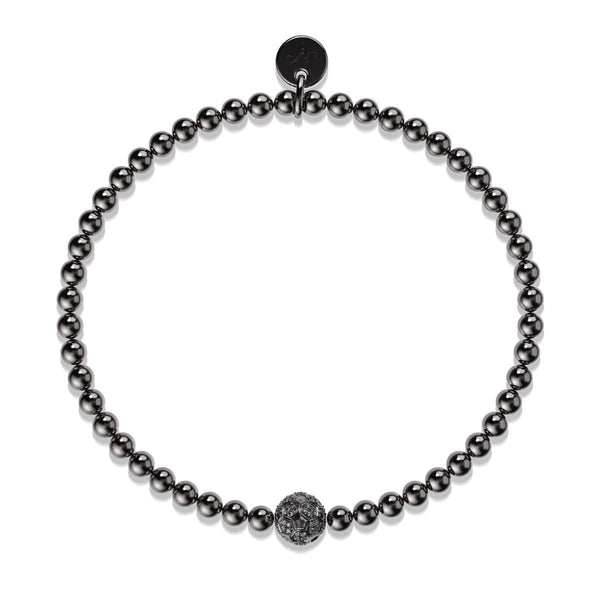 Goal Gunmetal Crystal Soccer Ball Charm Bracelet with 4mm Austrian crystals and stainless steel beads on elastic cord by NOGU