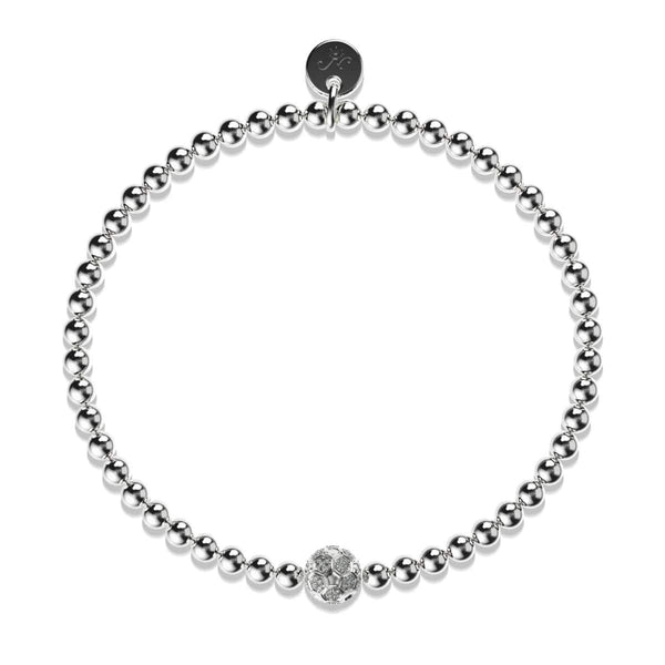 Goal Silver Crystal Soccer Ball Charm Bracelet with Austrian Crystals and stainless steel beads on clear elastic cord by NOGU