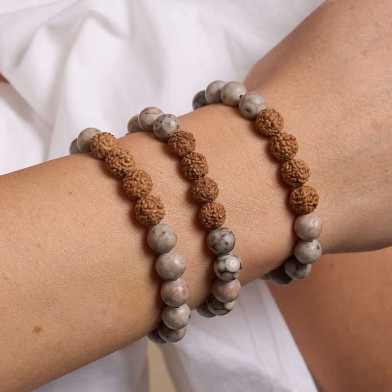 Higher Self | White Line Brown Agate x Rudraksha |  Mala Bracelet