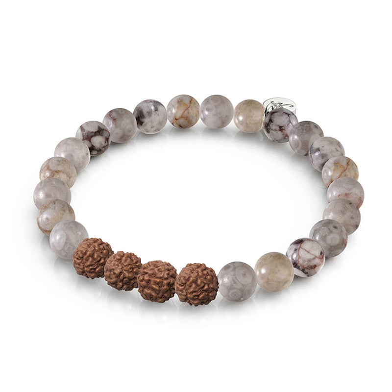 Higher Self | White Line Brown Agate x Rudraksha |  Mala Bracelet