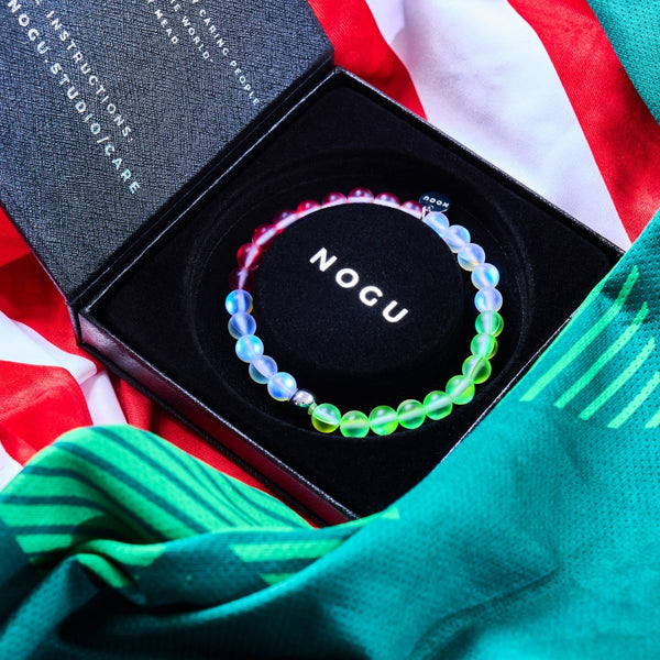 ITALY Mermaid Glass Nations Bracelet with 6mm iridescent beads in national flag colors displayed in black box with NOGU branding