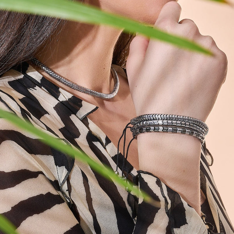 Serpentine | Chrome Hematite x Silver | Double Wave Bracelet