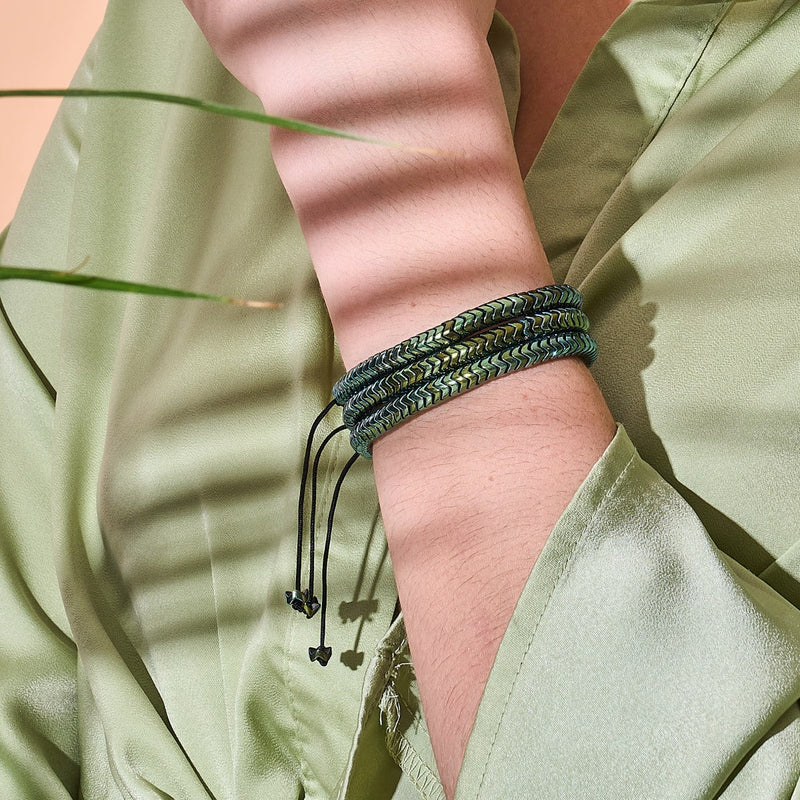 Serpentine | Emerald Hematite x Silver | Double Wave Bracelet