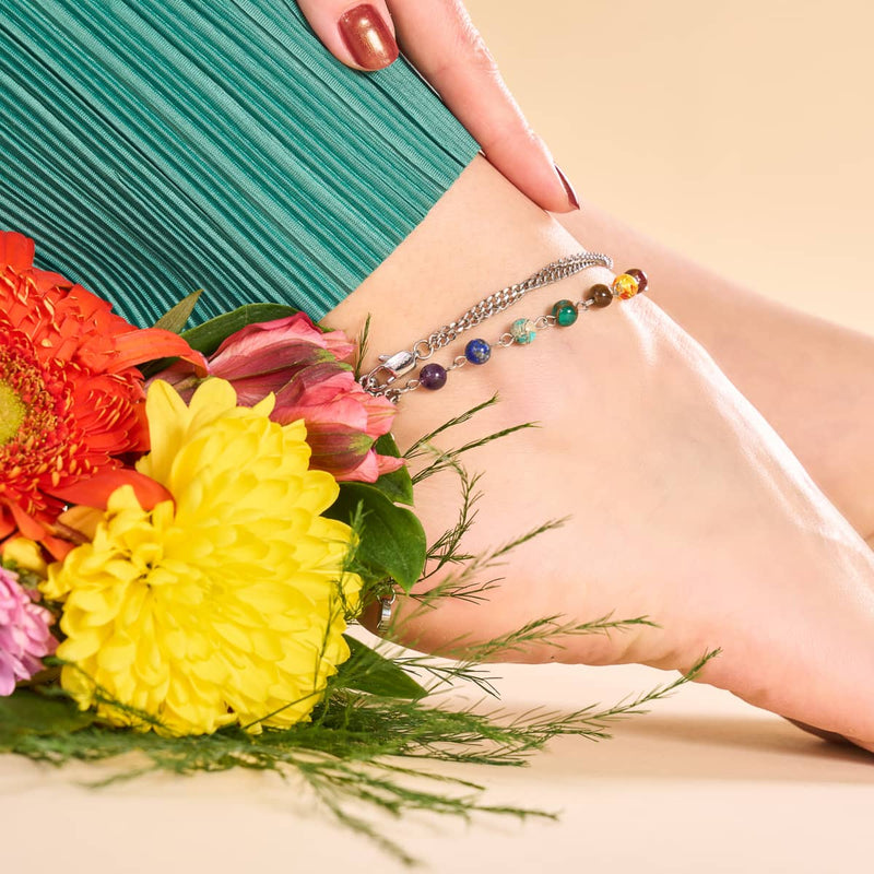 Rainbow Chakra | 7 Gemstone Chain Anklet | Silver