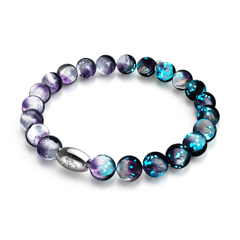 Violet Moon bracelet with 8mm color-shifting lunar glass beads and 18k white gold sterling silver charm by NOGU